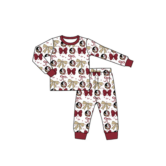Preorder (moq 5)Baby Girls Red FSU Team Bows Top Pants Pajamas Sets 8.29