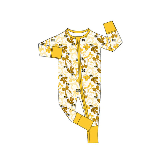Preorder(moq 5)long sleeves M yellow bows baby team zip romper 8.22