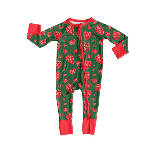 Preorder(moq 5)Baby Infant Green Strawberry Zipper Footie Rompers 8.11