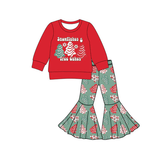 Preorder (moq 5)Baby Girls Red Snowflake Trees Top Bell Bottom Pants Christmas Clothes Sets 9.4