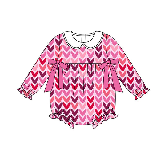 Preorder (moq 8)Baby Girls Pink Hearts Bows Valentine Ruffle Rompers 9.11