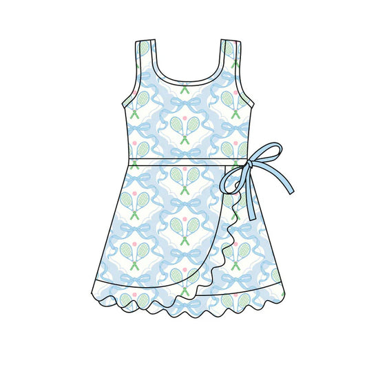 Preorder(moq 5) Baby Girls Sleeveless Blue Bows Tennis Team Ruffle Knee Length Dresses 11.4