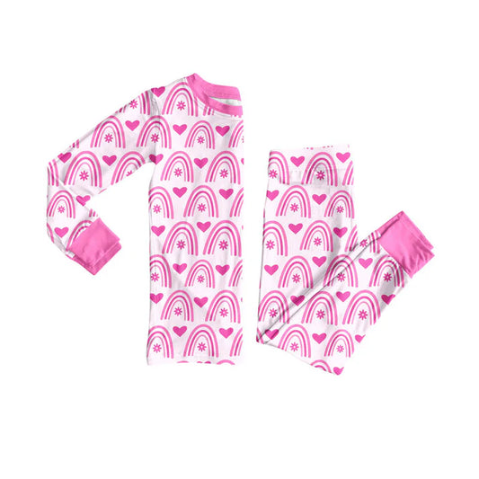 Preorder (moq 8)Baby Girls Pink Rainbows Hearts Checked Top Pants Valentine Pajamas Sets 9.15