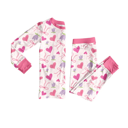 Preorder (moq 5)Baby Girls Long Sleeves Pink Hearts Bows Flowers Top Pants Pajamas Set 7.29