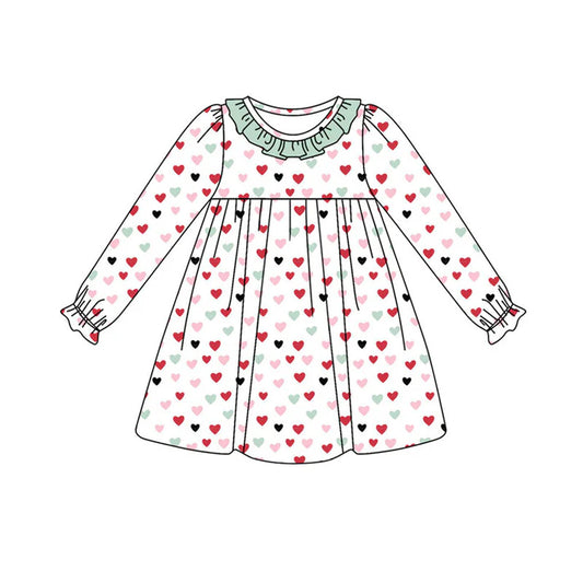 Preorder (moq 8)Baby Girls Long Ruffle Sleeve Colorful Hearts Valentine Knee Length Dresses 9.19