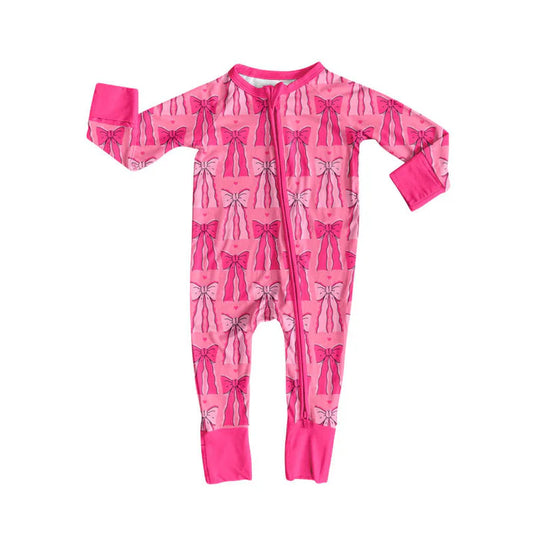 Preorder (moq 5)Baby Girls Long Sleeve Hot Pink Hearts Bows Valentine Zipper Footie Rompers 10.10