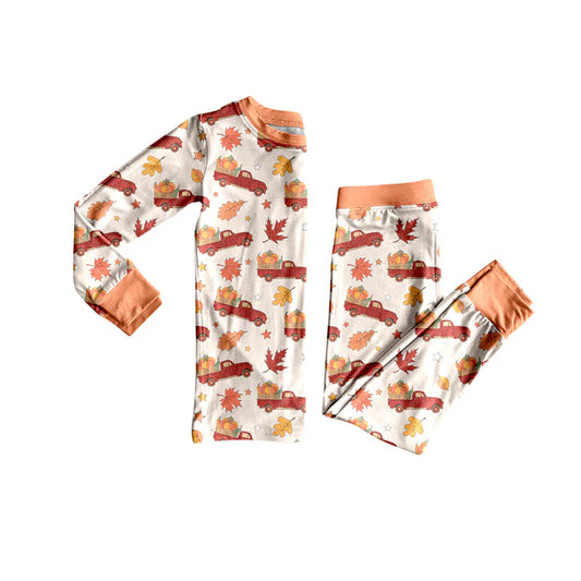 Preorder (moq 5)Baby Girls Long Sleeves Red Trucks Pumpkins Leaves Top Pant Pajamas Set 5.24