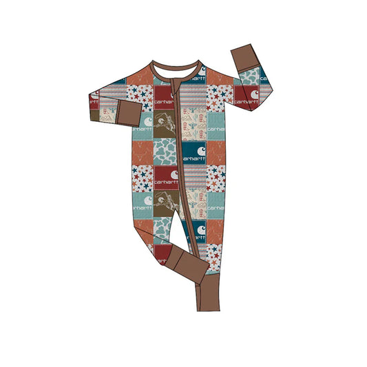 Preorder (moq 5)Baby Boys Western Cow Boots Stars Zip Long Sleeves Rompers 6.9