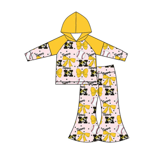 Preorder (moq 5)Baby Girls Long Sleeves Baseballs Bows M Tiger Hoodie Top Bell Bottom Pant Team Set 6.16