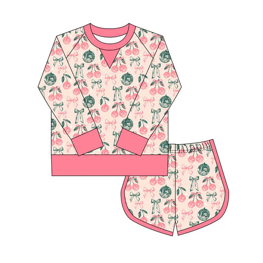 Preorder(moq 8)Baby Girls Pink Green Bows Cherry Lights Long Sleeve Top Shorts Clothes Set 9.27