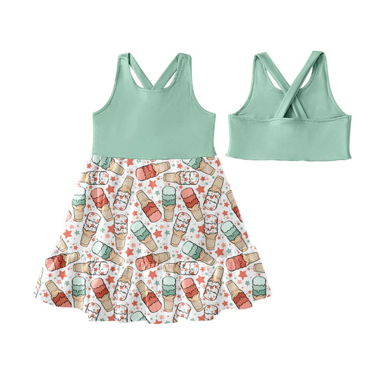 Preorder (moq 5)Baby Girls Aqua Sleeveless Ice Cream Stars Patchwork Knee Length Dress 4.25
