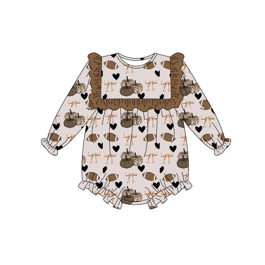 Preorder (moq 5)Baby Girls Gray Long Sleeves Footballs Bows Pumpkins Plaid Ruffle Romper 7.3