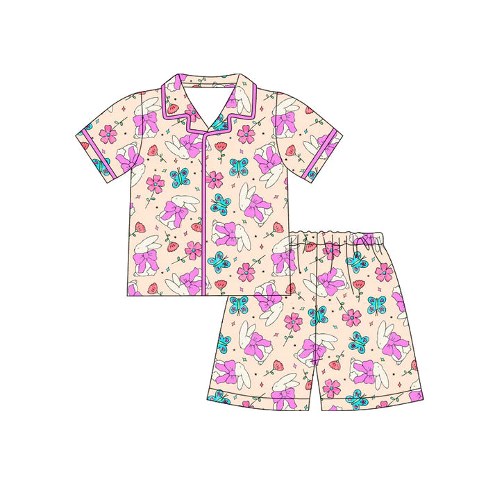 Preorder (moq 5)Baby Girls Bows Rabbits Flowers Button Top Shorts Easter Pajamas Sets 12.12