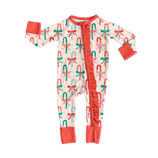 Preorder(moq 5)Baby Girls Red Christmas Candy Cane Ruffle Zipper Footie Rompers 8.15