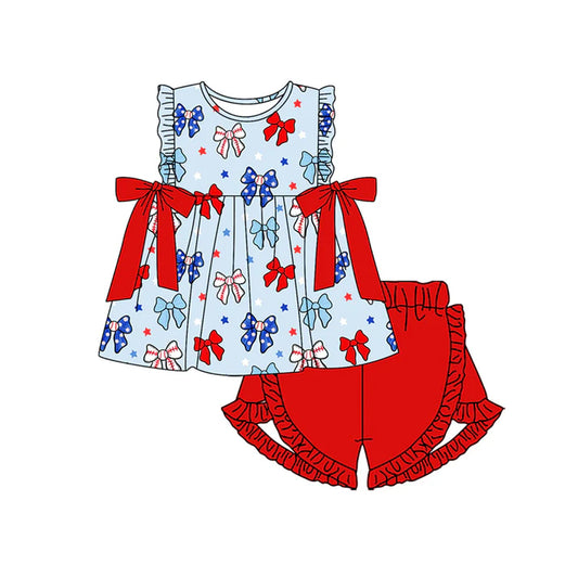 Preorder (moq 5)Baby Girls Sleeveless Blue Red Bows Stars Tunic Ruffle Shorts 4th Of July Set 4.23