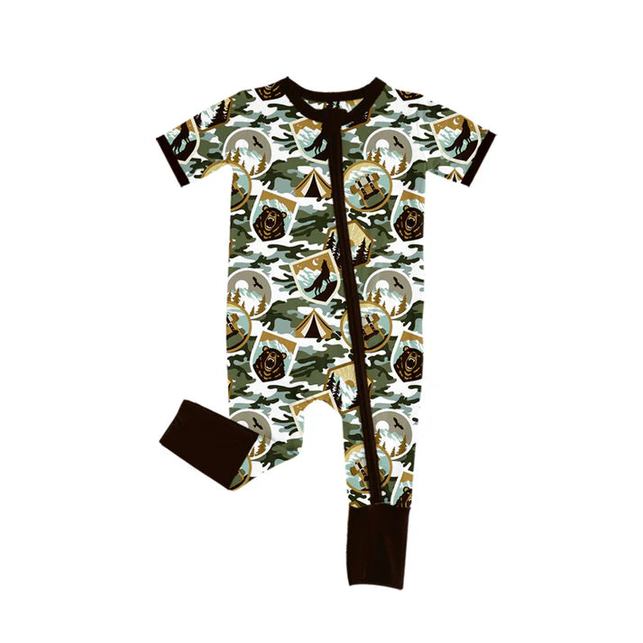 Preorder (moq 5)Baby Boys Short Sleeves Western Camo Wolf Zipper Rompers 5.17