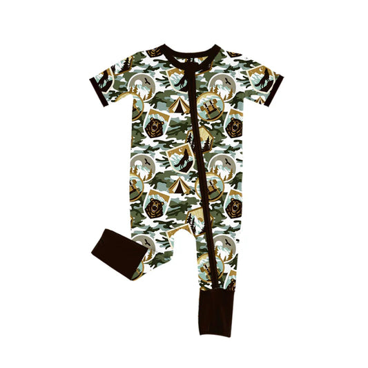 Preorder (moq 5)Baby Boys Short Sleeves Western Camo Wolf Zipper Rompers 5.17