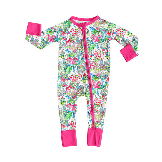 Preorder(moq 5)Baby Infant Boys Long Sleeves Floral Green Face Christmas Zipper Rompers 7.31