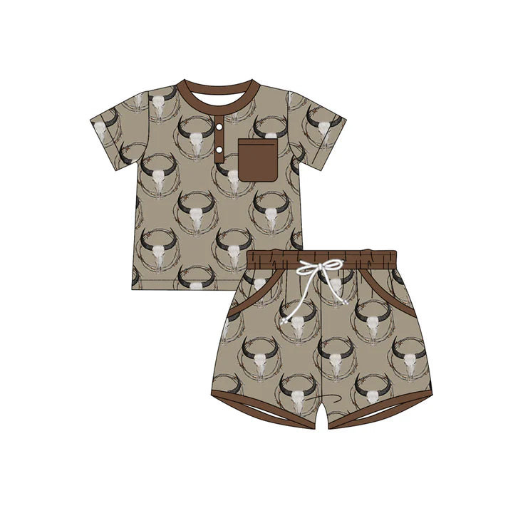 Preorder(moq 5) Baby Boys Bull Skulls Plaid Button Top Pocket Shorts Western Clothes Sets 10.28