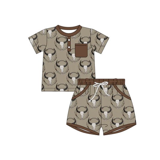 Preorder(moq 5) Baby Boys Bull Skulls Plaid Button Top Pocket Shorts Western Clothes Sets 10.28