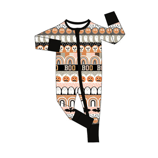 Preorder (moq 5)Baby Girls Black Long Sleeves Smiles Ghosts Pumpkins Stripes Zipper Rompers 6.5