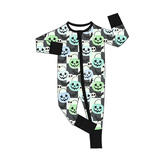 Preorder (moq 5)Baby Boys Black Long Sleeves Ghost Pumpkins Bats Plaid Zipper Pant Rompers 6.13