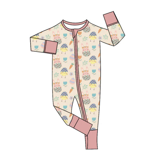 Preorder (moq 5)Baby Girls Long Sleeve Rabbit Chicks Flowers Easter Two Way Zipper Convertible Rompers 11.12