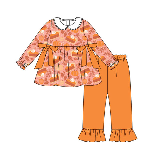 Preorder (moq 5)Baby Girls Long Sleeves Pie Pumpkins Bows Tunic Ruffle Pant Set 7.1