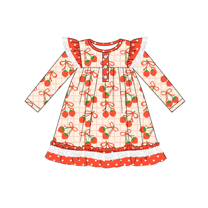 Preorder (moq 5)Baby Girls Long Sleeves Red Plaid Bows Strawberry Ruffle Button Knee Length Dresses 5.19