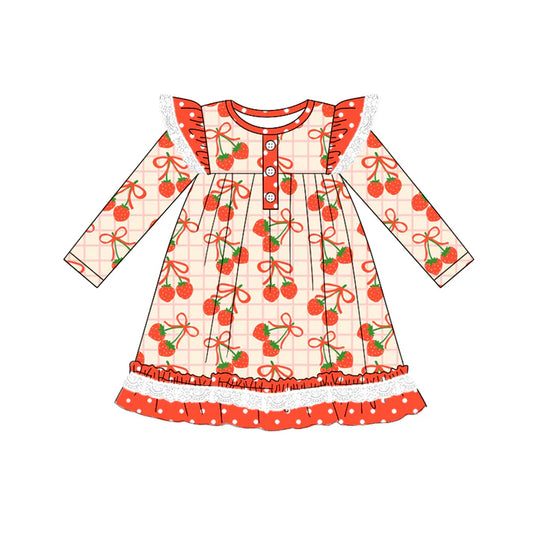 Preorder (moq 5)Baby Girls Long Sleeves Red Plaid Bows Strawberry Ruffle Button Knee Length Dresses 5.19