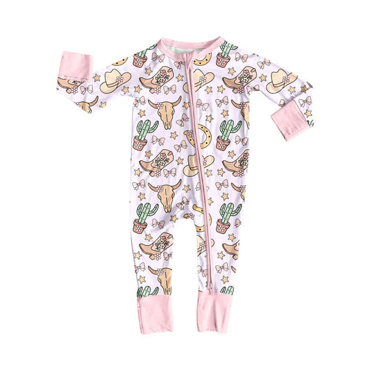 Preorder (moq 8)Baby Girls Pink Bull Skulls Hats Zipper Footie Rompers 9.8