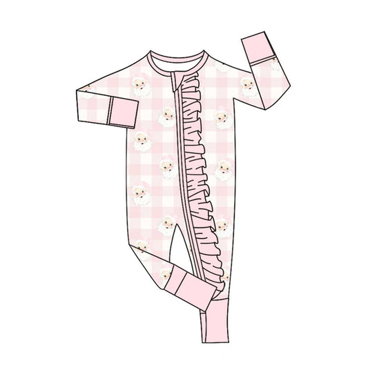 Preorder (moq 8)Baby Girls Pink Checked Santa Christmas Ruffle Zipper Footie Rompers 9.23