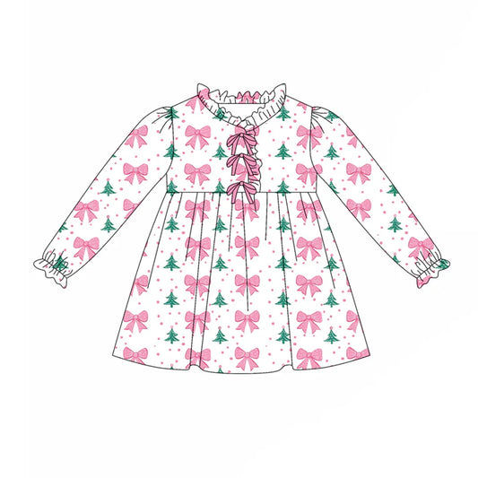 preorder(moq 5) Baby Girls Long Sleeves Pink Bows Polka Dots Christmas Trees Knee Length Dress 7.25