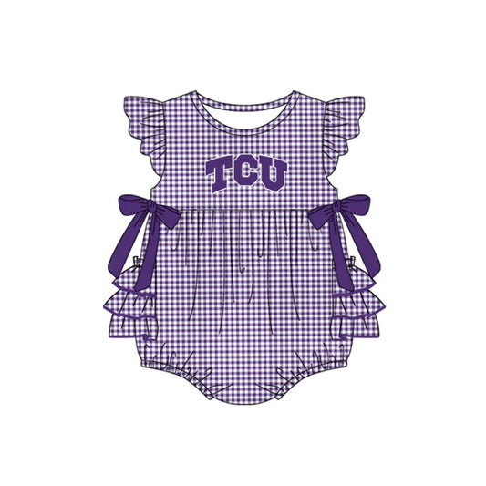 Preorder moq 5 Baby Girls Purple Plaid Flutter Sleeves Bows TCU Team Rompers 7.10