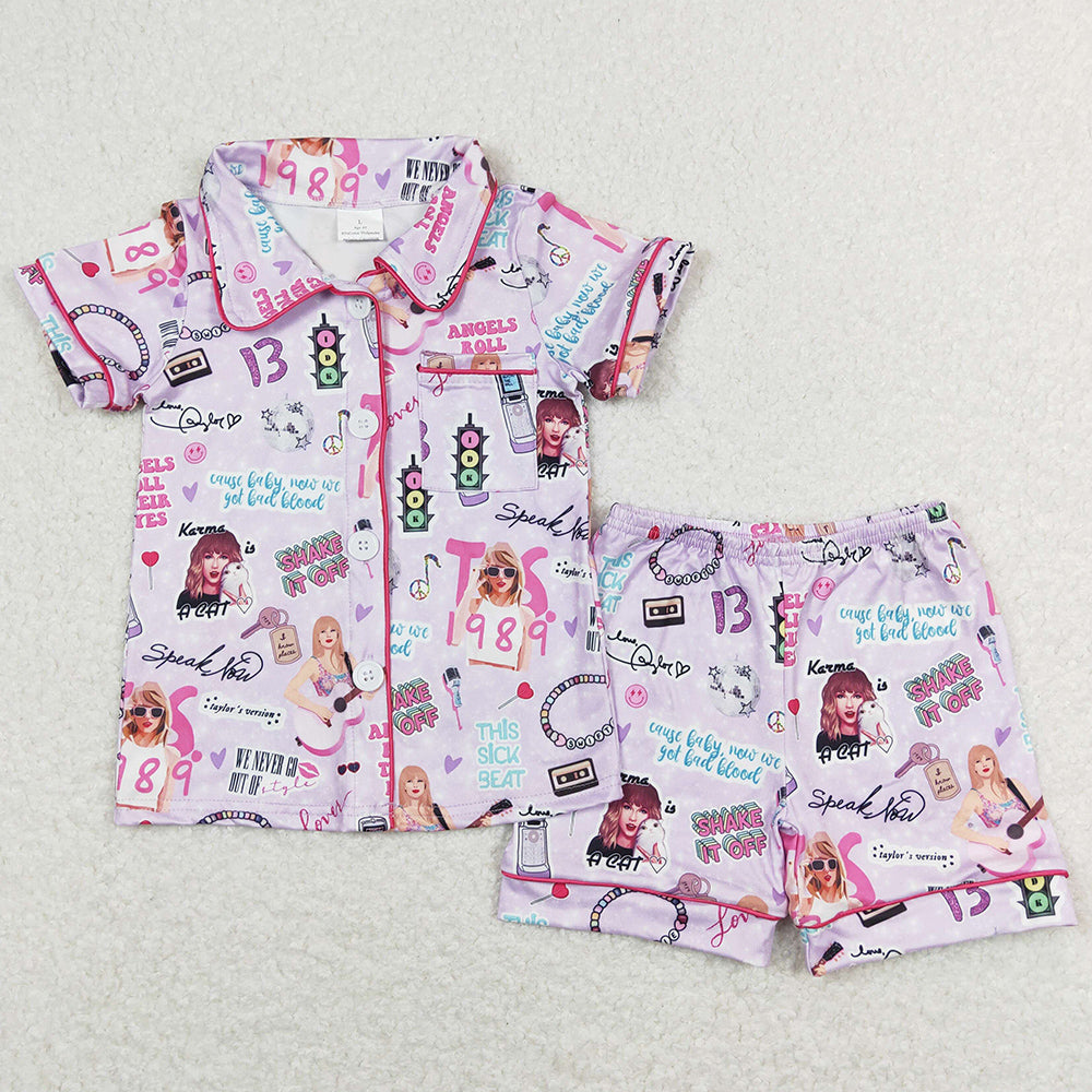 Hot Sale Baby Girls Pajamas Purple Buttons Shirts Shorts Pajamas Sets GSSO0677