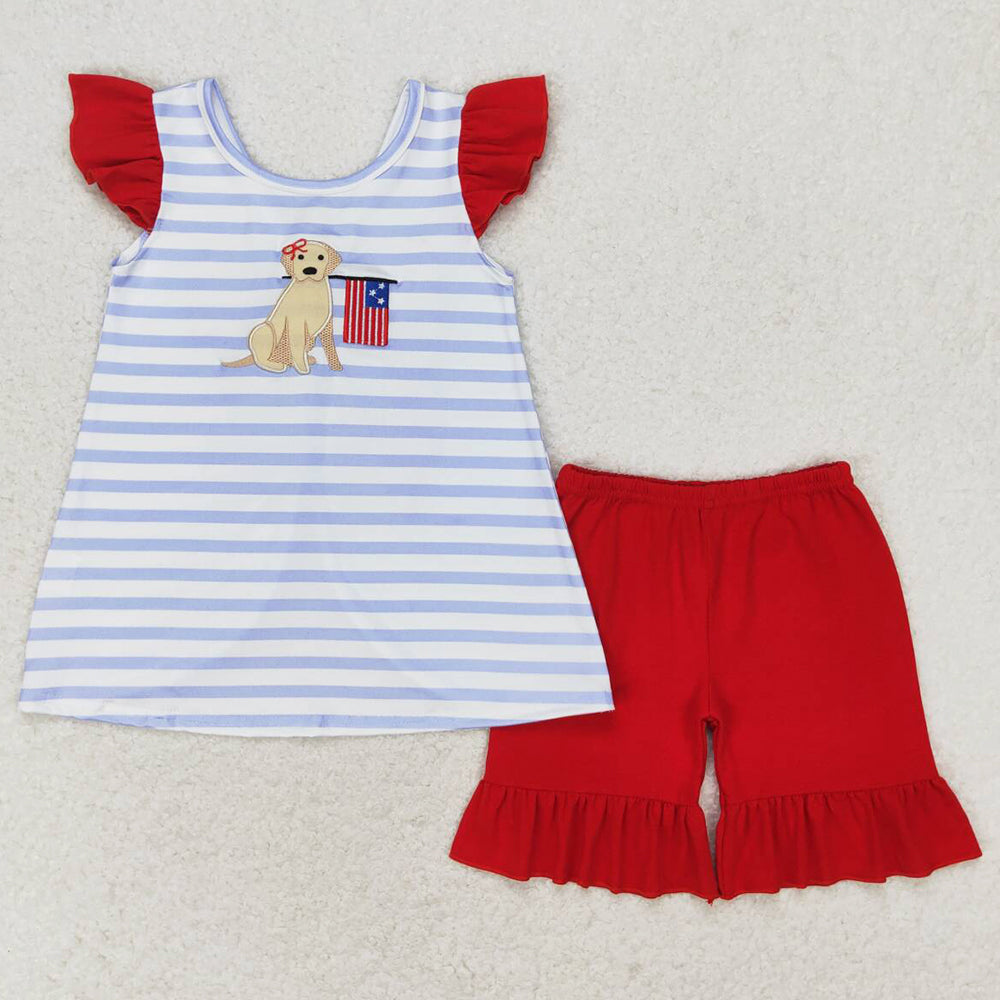 Baby Girls Clothes 4th Of July Dog Flag Bow Top Ruffle Shorts Sibling Clothing Boys Sets GSSO0663