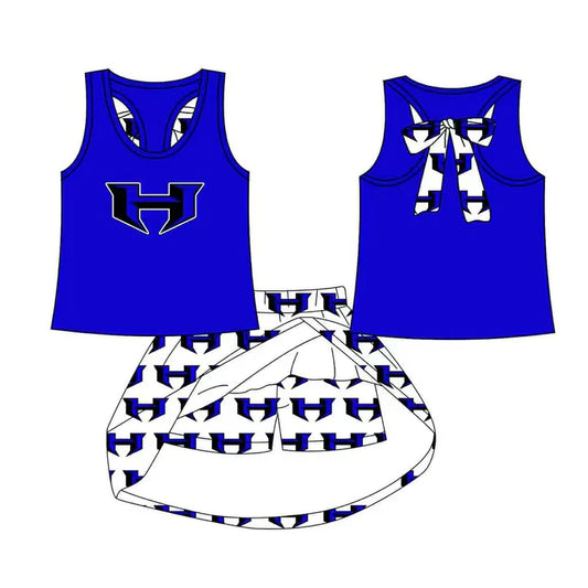 Preorder (moq 5)Baby Girls Blue H bow vest team Top Skirt Skort Sets 8.13