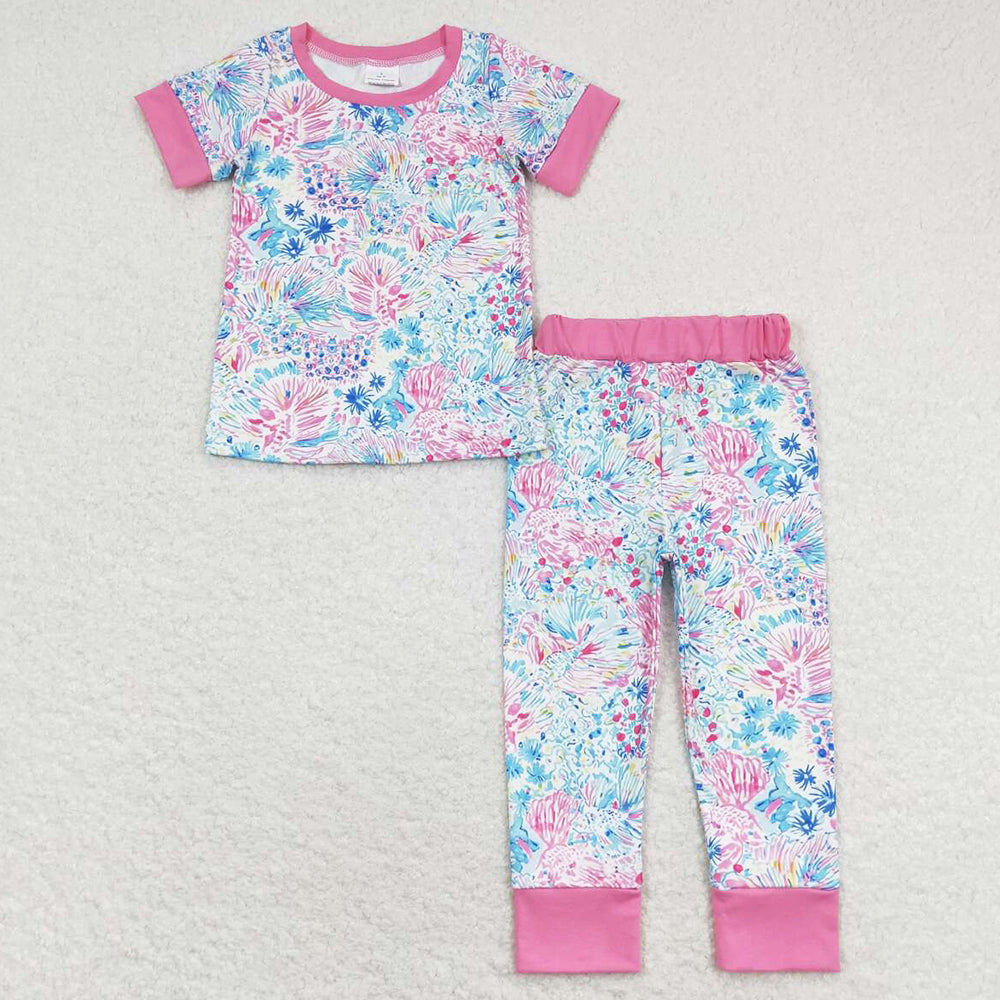 Baby Girls Pajamas Pink Flowers Short Sleeve Tee Shirt Pants Pajamas Sets GSPO1550