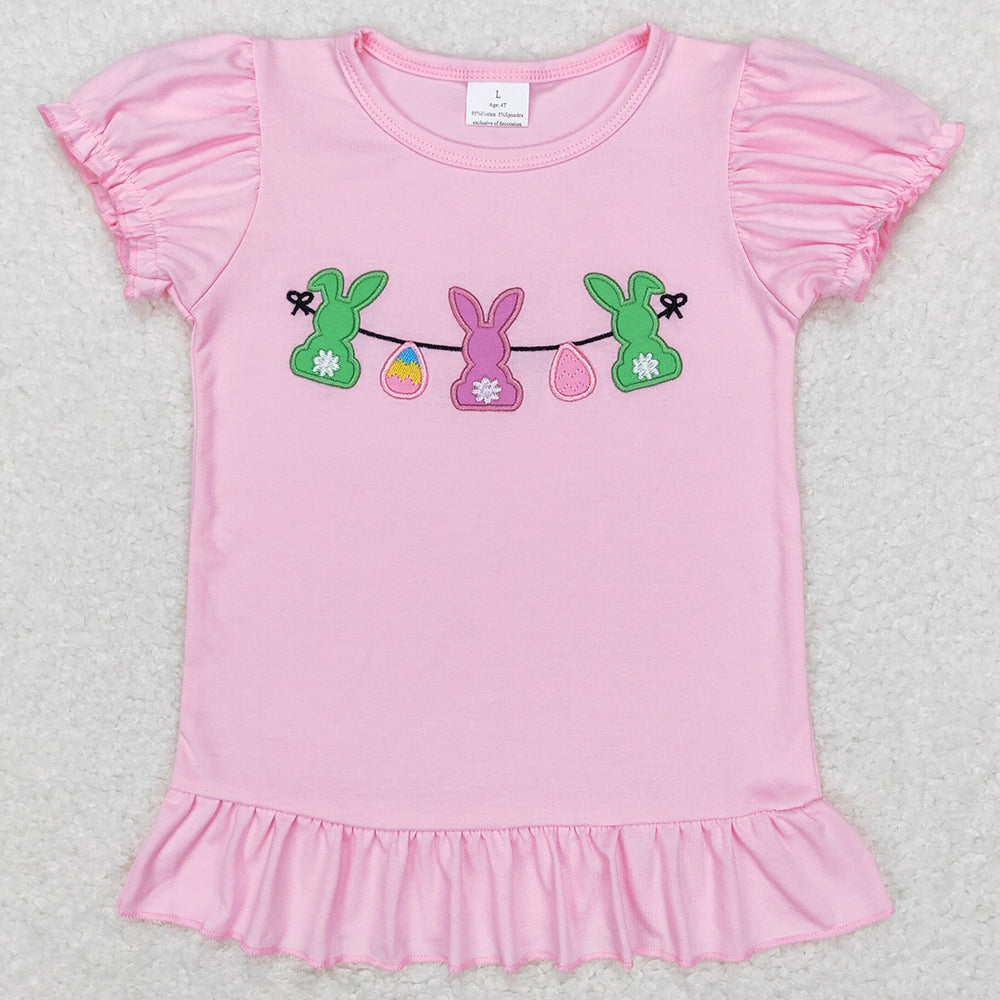 Baby Girls Clothes Easter Pink Rabbits Bunny Puffy Short Sleeve Shirt Tops GT0391