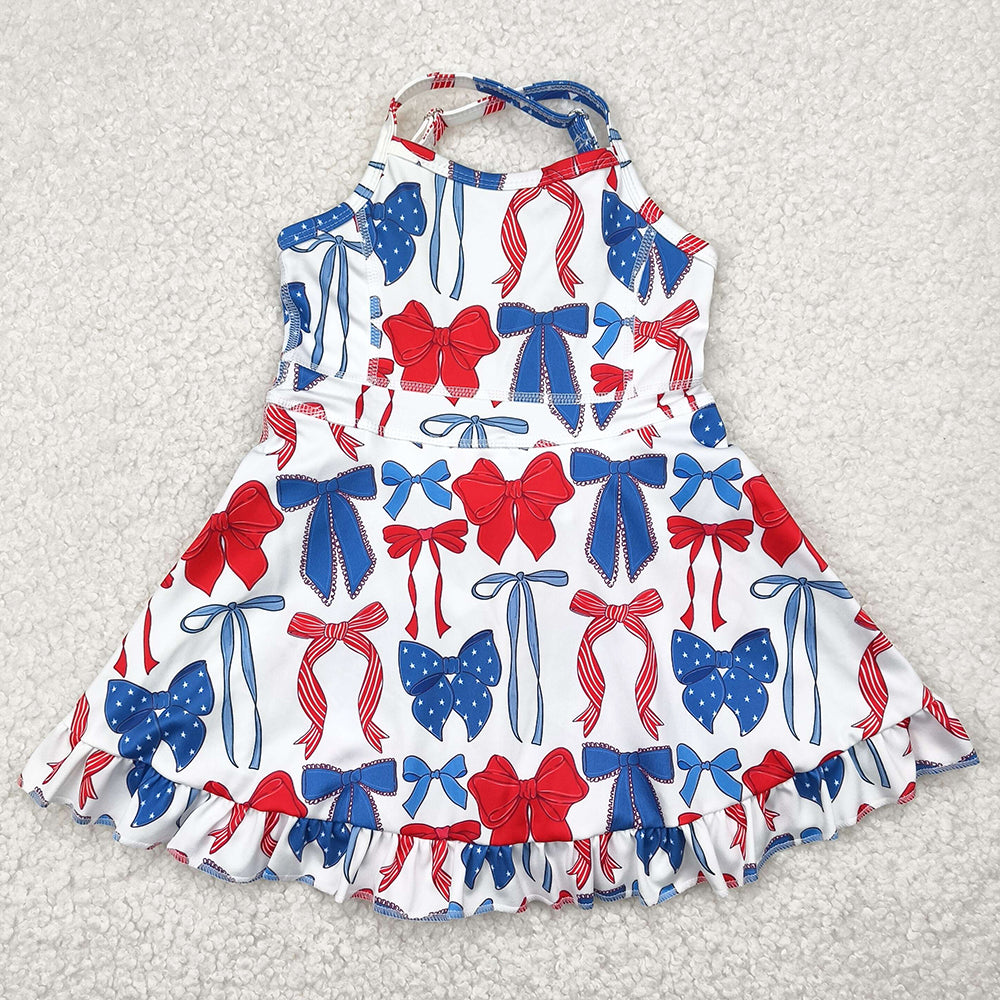 Baby Girls Dress Strap Blue Red Bows 4th Of July Yoga Active Knee Length Dresses GSD2345 5.1