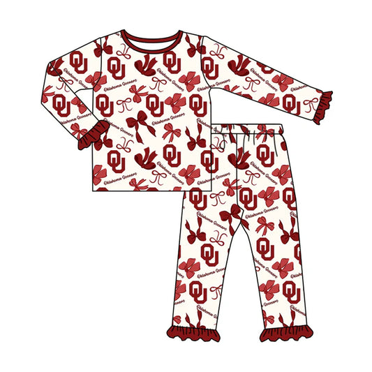 Preorder MOQ 5 Long sleeves O U red bows kids girls team pajamas 8.21