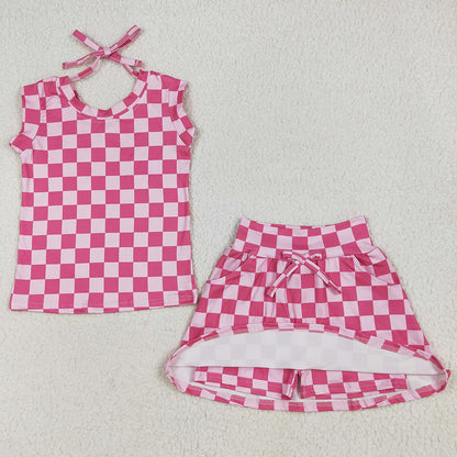 Baby Girls Clothes Sleeveless Pink Plaid Top Pockets Short Skirts Sets GSD2584 6.19