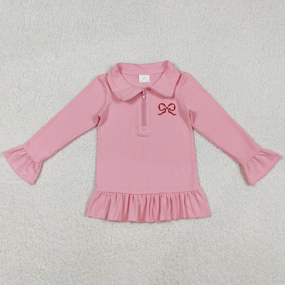 Baby Girls Embroidery Bow Pink Long Ruffle Sleeve Zipper Valentines Pullovers Top GT1270 11.17