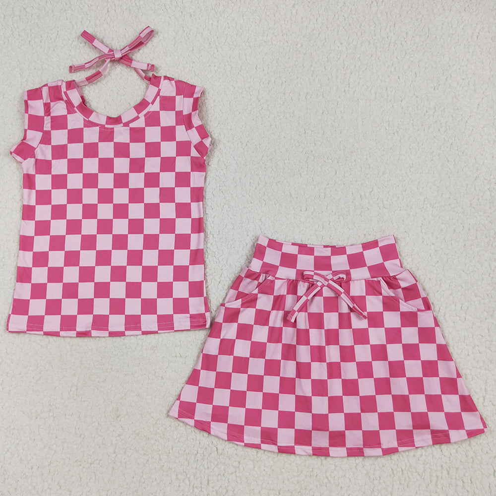 Baby Girls Clothes Sleeveless Pink Plaid Top Pockets Short Skirts Sets GSD2584 6.19