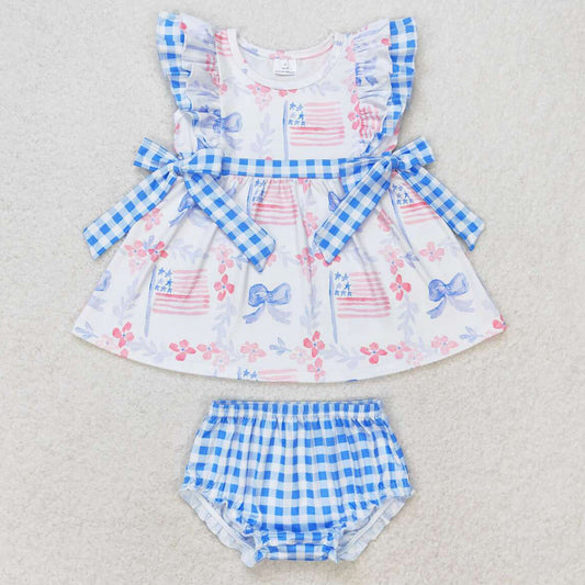 Baby Girls Clothes Bummies Blue Bows Flags Tunic Top Bummies Sets GBO0363