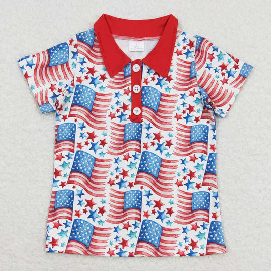 Baby Boys Clothes Tops 4th Of July Flags Stars Buttons Short Sleeve Tee Shirts BT0565