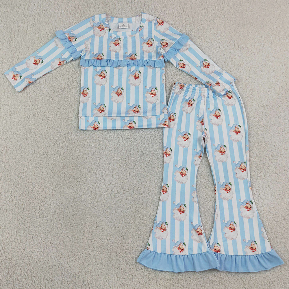 Baby Girls Clothes Blue Bows Santa Stripe Top Bell Bottom Pant Christmas Clothes Sets GLP3451