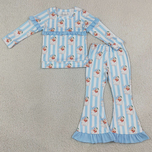 Baby Girls Clothes Blue Bows Santa Stripe Top Bell Bottom Pant Christmas Clothes Sets GLP3451