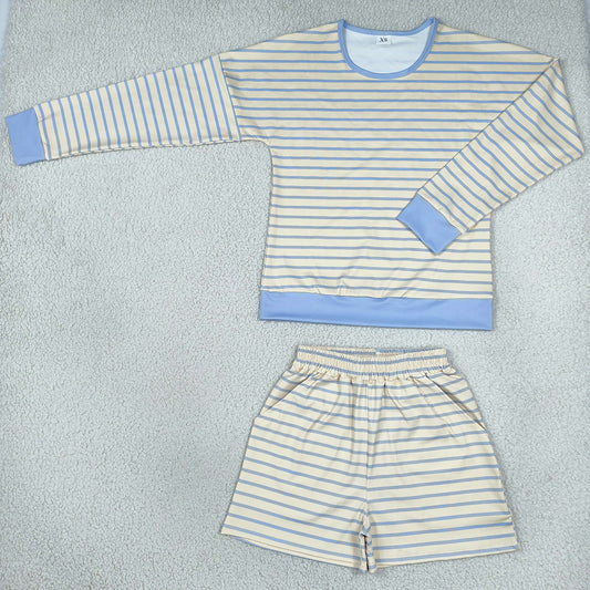 Adult Women Clothes Blue Stripe Top Pockets Short Yoga Active Clothes Set GLS0138