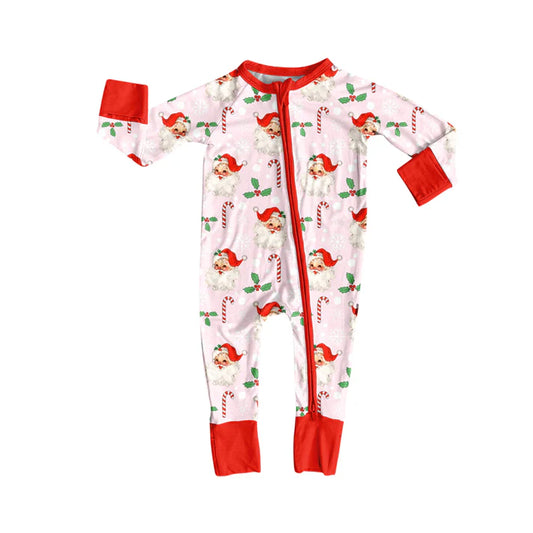 Preorder (moq 5)Baby Girls Long Sleeves Red Santa Candy Cane Zipper Pant Rompers 5.30